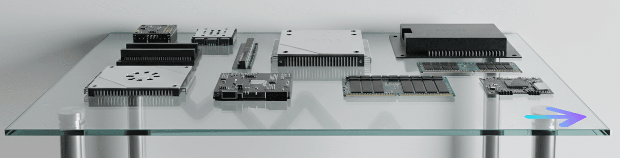 A selection of modern hardware components arranged on a glass surface.